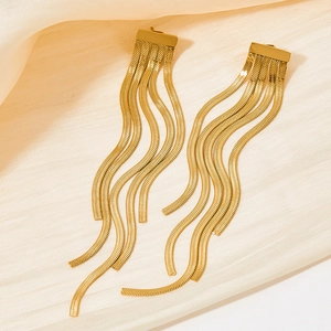 French vintage gold long tassel earrings featuring wavy snake chains and polished finish
