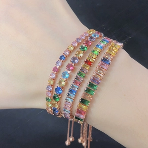 Colorful Zircon Tennis Bracelet Adjustable Bolo Slider Rainbow Baguette Round Cut Copper Jewelry For Women