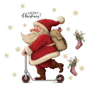 Merry Christmas Santa Claus riding a scooter toilet lid decal with snowflakes and socks