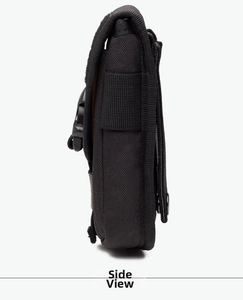 Side view of black tactical waist bag showing durable nylon material and buckle detail
