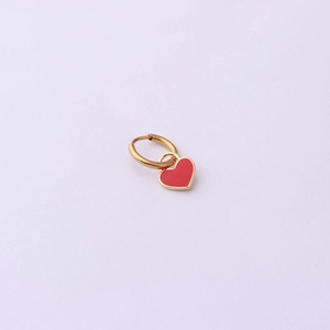 Modern gold-plated hoop earrings featuring a vibrant red enamel heart charm pendant