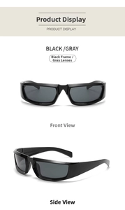 Detailed front and side views of black Y2K punk sunglasses with dark gray lenses