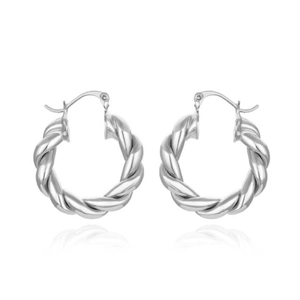 Detail of silver twisted rope croissant earrings in polished stainless steel