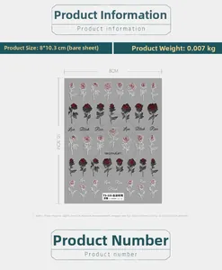 Stickers à ongles 5D en relief avec motifs de roses rouges et noires modèle TS-335