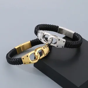 Handcuff Braided Leather Bracelet With 316L Stainless Steel Magnetic Clasp Punk Industrial Fashion Jewelry For Men
