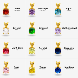 Macro view of 12 colors of round birthstone pendants with gold finish monthly details