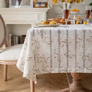 French linen tablecloth with vintage brown floral patterns and vertical stripes for dining tables
