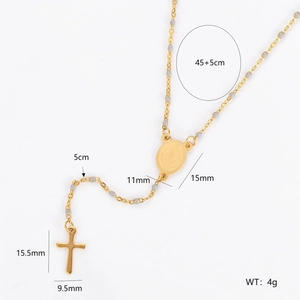 Gold stainless steel Y-shaped necklace with grey beads and cross pendant dimensions