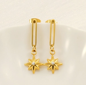 Macro detail of gold-plated starburst earrings with sparkling stone on ceramic background