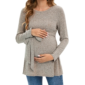 Slim-fit ribbed knit maternity sweater with round neck and adjustable waist belt