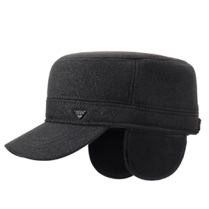 Men winter flat top military cap with ear flaps and metal logo detail in black color