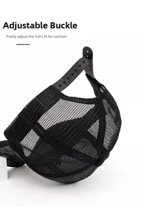 Detail view of adjustable snapback closure on black breathable mesh baseball cap