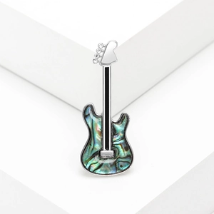 Broche créative guitare électrique avec incrustation nacre d'abalone et fini argent