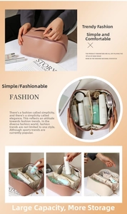 Detailed view of large capacity PU leather cosmetic bag with internal storage compartments