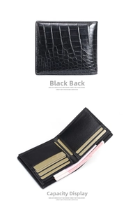 Detail view of the black crocodile pattern wallet interior with multiple card slots
