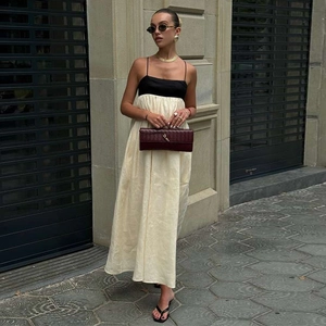 Patchwork Maxi Dress Backless Spaghetti Strap Sleeveless High Waist Elegant Vacation Holiday Long Skirt For Women