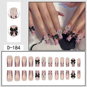 Pink zebra and leopard print long coffin press-on nails with 3D pearl stars and bows