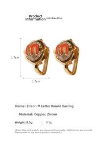 Zircon M letter round ear buckle in copper with 1.7cm size and 8.5g weight details
