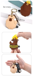 Detail view showing cartoon animal leather key sleeves attached to car keys and rings