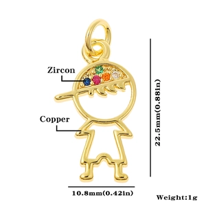 Detailed view of small boy pendant in copper with zircon hat and size dimensions