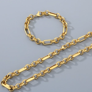 Detailed flat lay of polished gold chain bracelet and necklace set with textured links