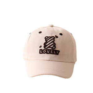 Detail of beige cotton baseball cap with bear embroidery and Lovely text design