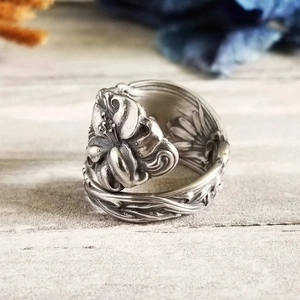 Vintage silver flower spoon ring with floral relief and adjustable open band design