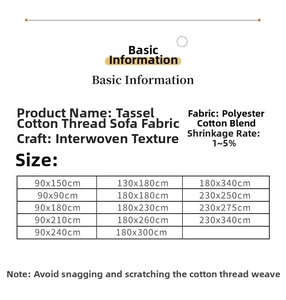 Size chart for waffle weave cotton sofa cover showing fabric details and dimensions