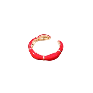 14K gold plated oval open ring with red enamel finish and bamboo texture for women