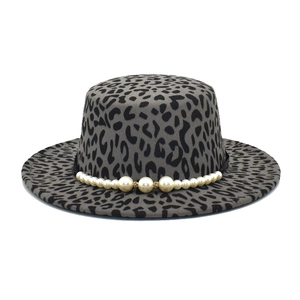 Stylish leopard print wool felt flat top hat with faux pearl decorative band for women