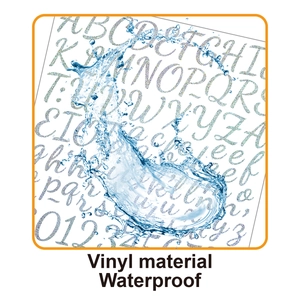 Waterproof silver glitter vinyl letter stickers shown with water splash detail effect