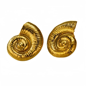 Golden seashell inspired stainless steel woven earrings with polished spiral texture