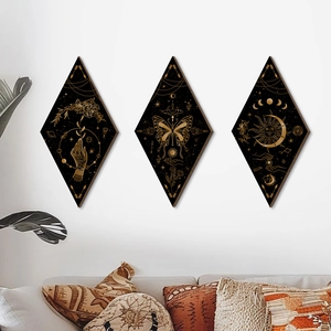 Set of 3 boho diamond wood wall art plaques with gold moon phase and mystic patterns