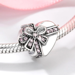 S925 sterling silver heart charm with pink zircon and bow on snake chain bracelet