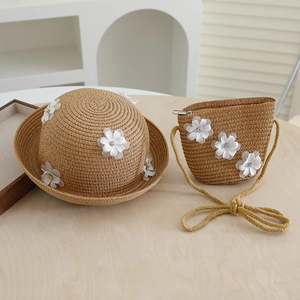 Detailed straw hat set for girls with 3D white flowers and sparkling crystal accents