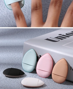 Mini finger cushion puffs in various colors showing application and still life display