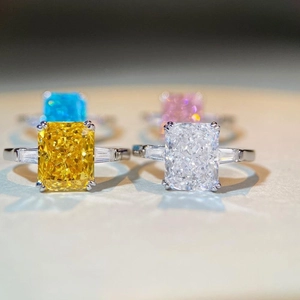 S925 sterling silver radiant cut rings in yellow, white, blue and pink colors