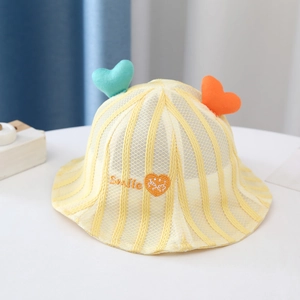 Detail of yellow mesh sun hat for kids with 3D hearts and Smile embroidery