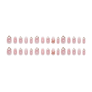 Pink French cat-eye press-on nails with leopard stars and 3D bowknot accents