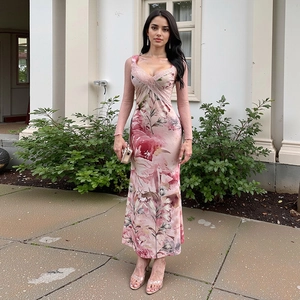 Pink floral long-sleeve slim dress with lace patchwork and elegant silk texture
