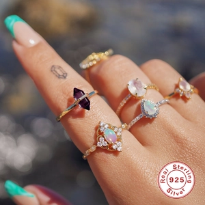 Bohemian S925 sterling silver stacked rings featuring opal and amethyst stones
