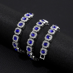 Hip hop sugar cube Cuban link bracelet with square blue gemstones and rhinestones