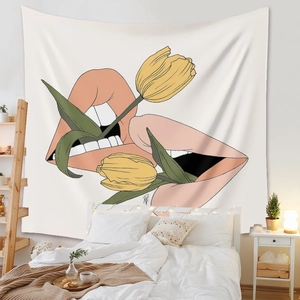 Vue détaillée d'une tapisserie murale avec lèvres orange et tulipe pour déco de chambre