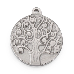 Macro shot of stainless steel Tree of Life pendant with embossed swirl branches detail