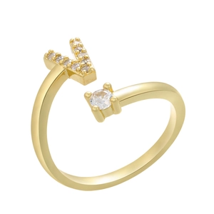 Detail of gold-plated V-letter ring featuring micro-pave zircons and open design