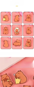 Detail view of nine cute acrylic capybara brooches in various colorful cartoon designs