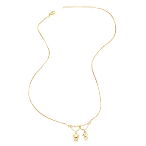 Gold heart necklace with boy and girl pendants and zircon accents on white background