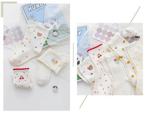 Detail showing white cotton socks with cute bear, cherry, and heart embroidery and lace