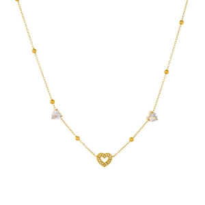 Gold stainless steel heart necklace with cubic zirconia pendants on white background