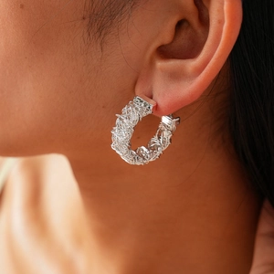 24k gold plated geometric wrinkled hoop earrings with unique woven wire bird nest texture